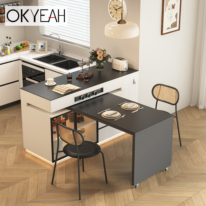 可旋转岛台餐桌一体新款家用中岛台厨房岩板吧台桌伸缩倒台可定制