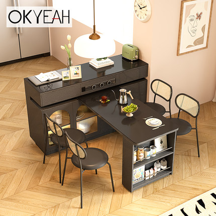 家用岛台餐桌一体靠墙新款多功能可伸缩可旋转厨房岩板吧台可定制
