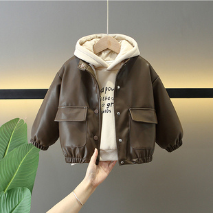 儿童衣服时髦宝宝皮衣外套加绒加厚三件套潮 2025新款 男童冬季 套装
