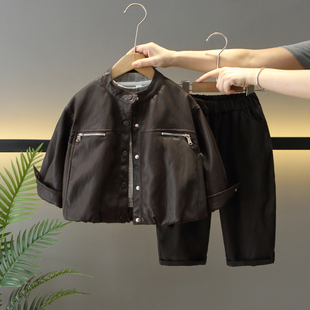 男童套装春秋季2025新款儿童衣服时髦宝宝皮衣外套三件套夹克韩版