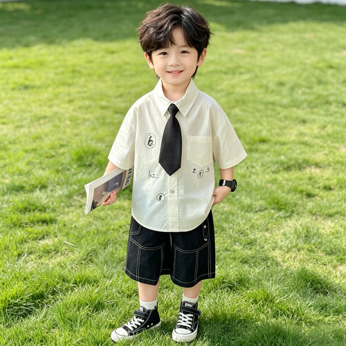 男童夏季学院风领带短裤两件套