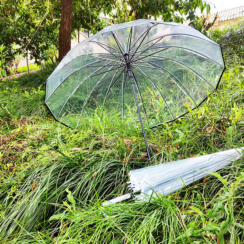 自动雨伞防水长柄骨带红透明清新