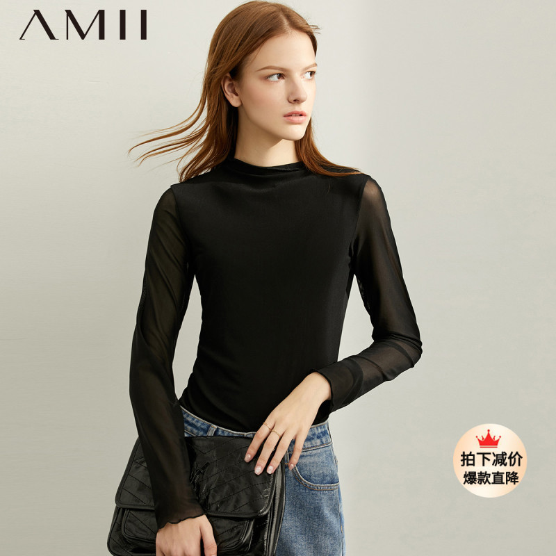 Amii2023秋季新款黑色T恤女半高领修身显瘦黑色网纱正肩上衣