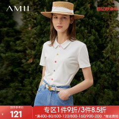 Amii2024夏新款短袖T恤女时尚休闲POLO衫彩虹色纽扣针织修身上衣