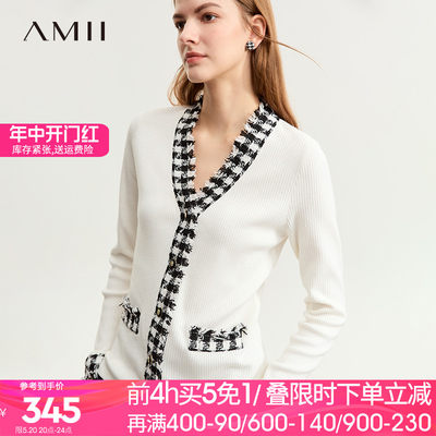 Amii2024春新款撞色格纹拼接V领优雅香风毛织开衫女修身显瘦上衣