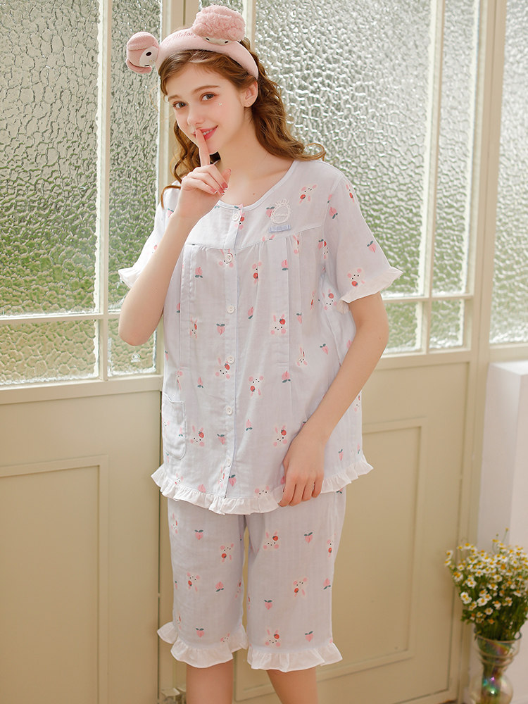 홈타임 산후복 여름 얇은 산후 투피스 반팔 순면 거즈 출산 간호 잠옷 가정복