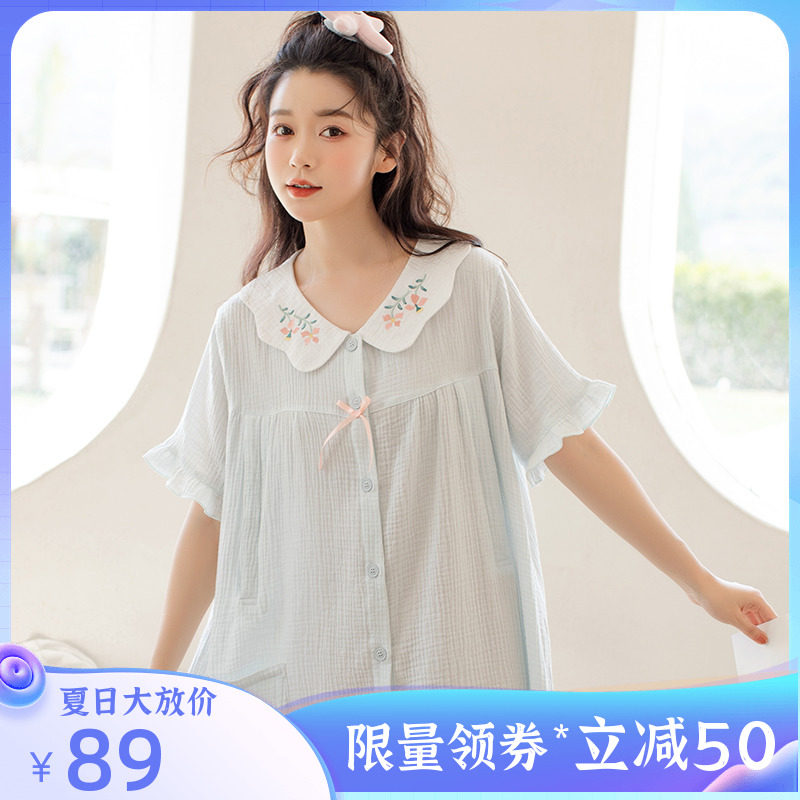 家时光哺乳睡裙夏季纱布月子产后服夏薄款纯棉喂奶裙子睡衣连衣裙