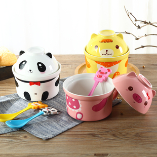 韩匠 可爱动物泡面碗带盖勺卡通陶瓷碗大碗创意学生饭碗汤碗套装