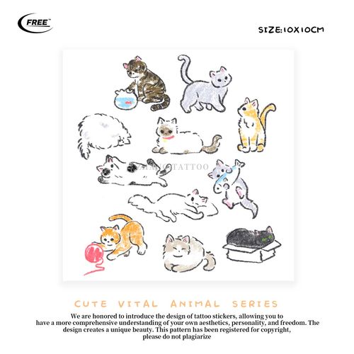 想自由 可爱猫咪组合手绘彩色纹身贴ins风手臂手腕个性潮酷防水甜