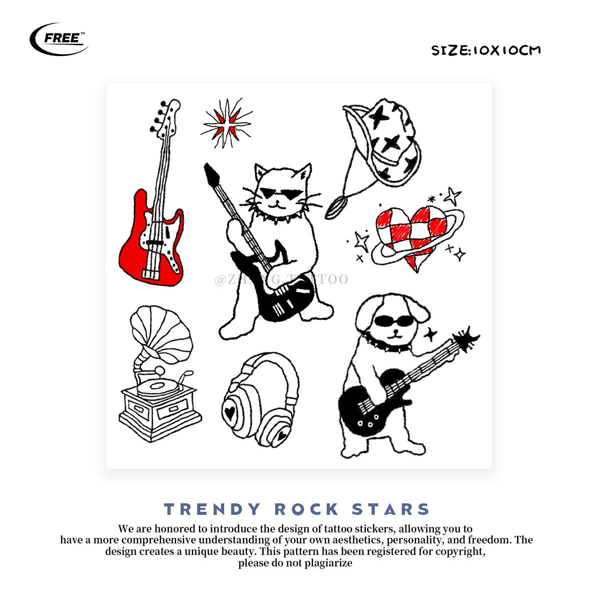 想自由 乐队组合手绘彩色纹身贴音乐节朋克摇滚潮流装饰个性酷猫