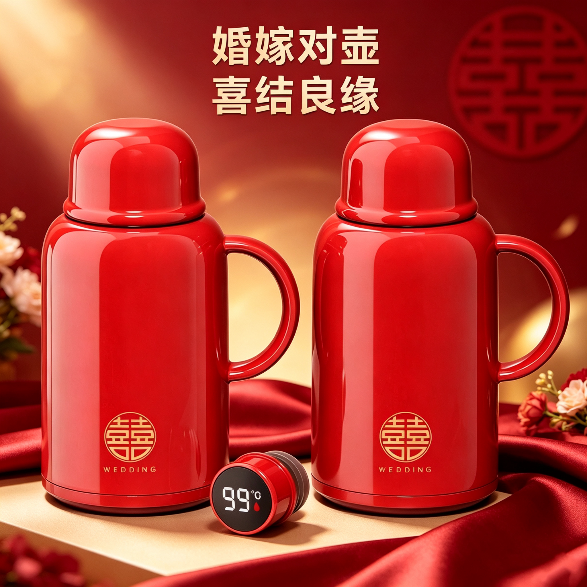 红色结婚一对老式保温热水瓶