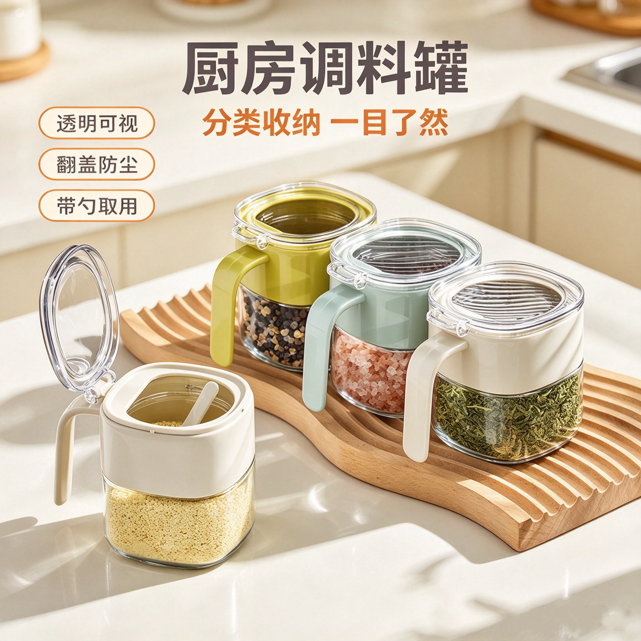 轻奢按压玻璃带勺翻盖调味罐