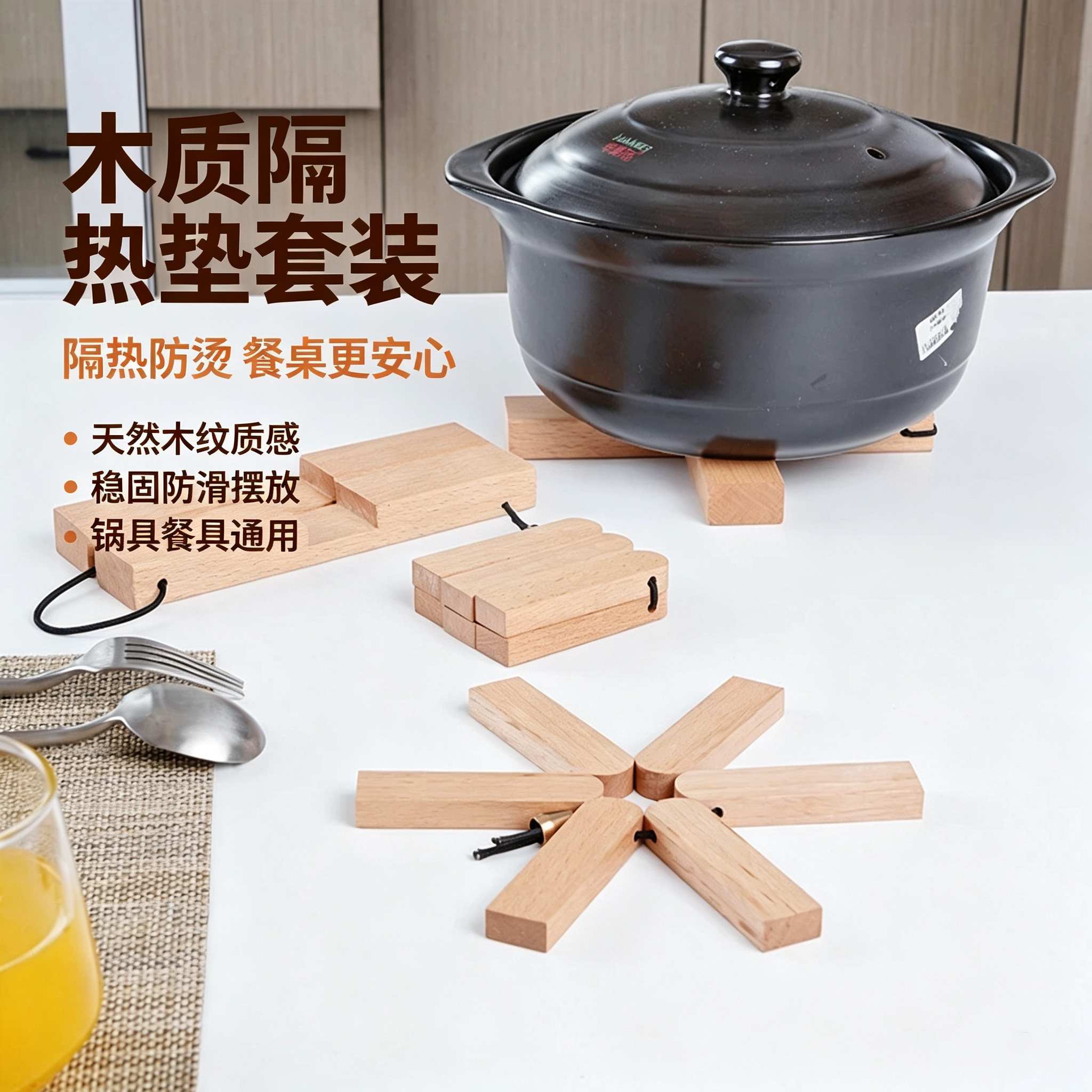 日式榉木十字可折叠隔热锅垫