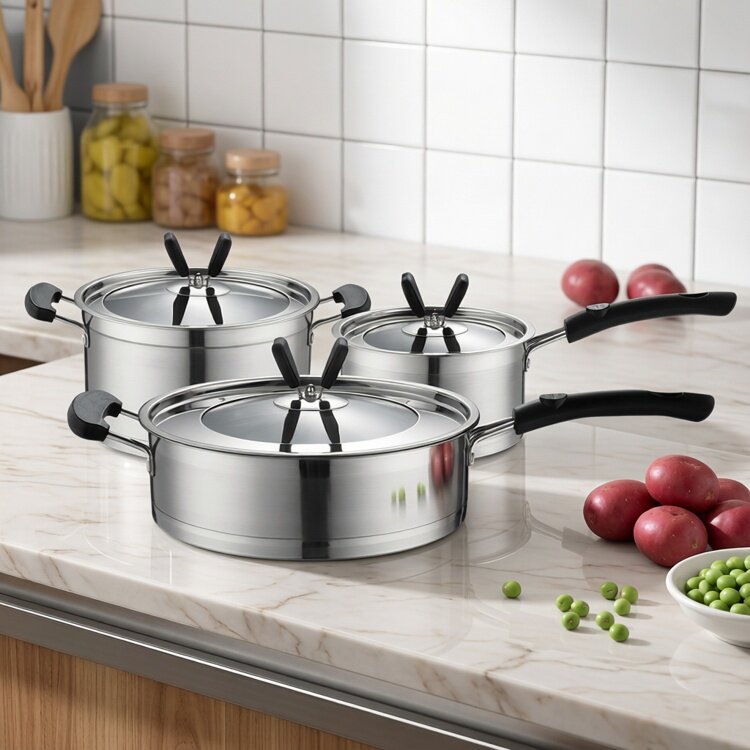 不锈钢家用复底汤锅炒锅煎锅三件套锅玻璃盖燃气电磁炉通用锅套装