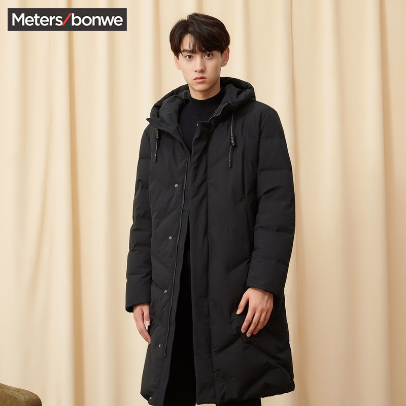 美特斯邦威羽绒服男士冬季保暖防寒潮流青年男压花中长款连帽羽绒