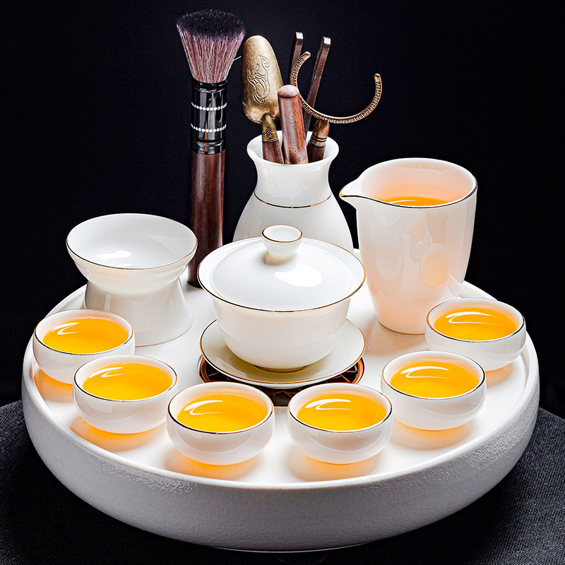 高档轻奢茶具茶盘套装家用陶瓷羊脂玉白瓷盖碗茶杯客厅办公室会客