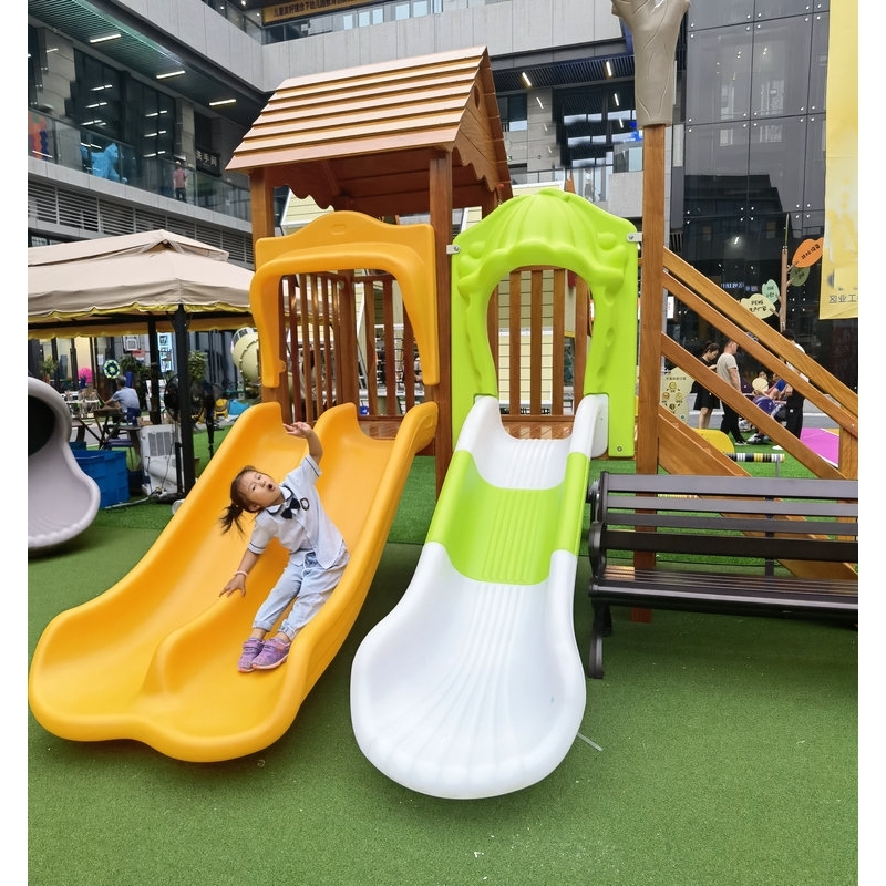 进口黄花梨木制户外幼儿园组合多人滑梯木质庭院小屋过家家玩具