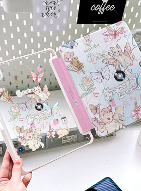 ipadair5保护壳ipadpro11带笔槽蝴蝶猫咪少女感3卡通可爱9适用小米6/7防弯2024款亚克力vivopad保护套720旋转