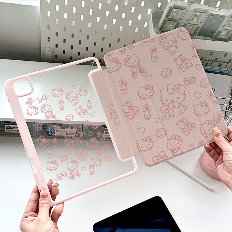 iPad保护套亚克力9代air7全包旋转pro11寸带笔槽10代11代mini6卡通彩绘粉色猫咪2024air6九十三折式2025外壳