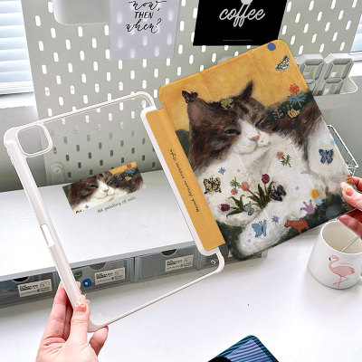 适用苹果ipadmini7保护壳带笔槽720旋转ipad9代10透明亚克力13套防弯油画猫咪2024pro11英寸高颜值少女air6壳
