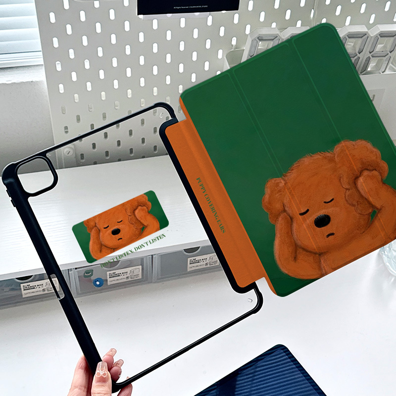 【捂耳卷毛狗X亚克力】24款Pro11寸新款适用苹果平板13防弯iPad9保护壳带笔槽Air4/5/6套mini7可爱卡通皮套绿