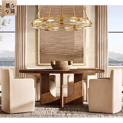 Rh出口美式乡村复古实木家具圆形饭桌现代简约橡木家用西餐桌餐台
