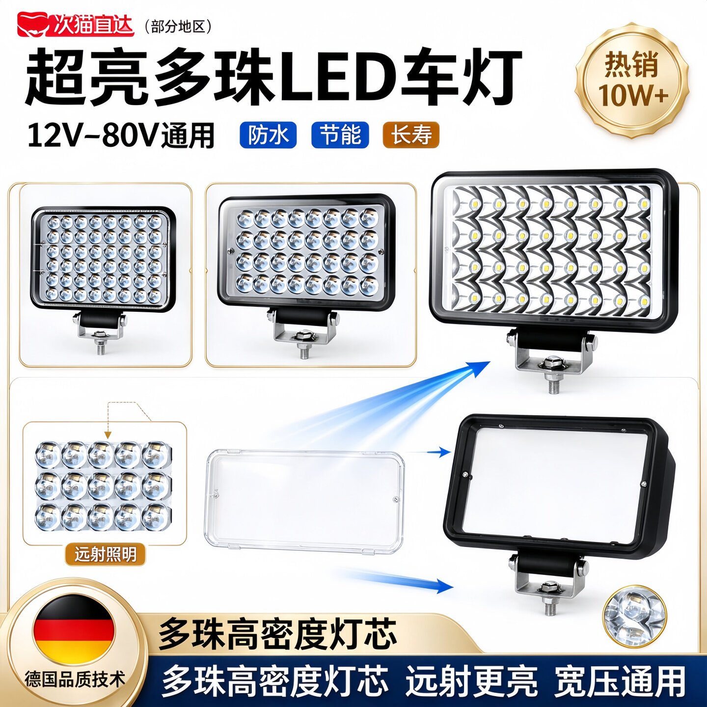 德国品质电动车摩托车LED前大灯超亮三轮车灯12V60V强光汽车射灯