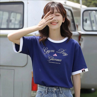 阿迪达斯短袖女t恤夏季新款海军蓝休闲复古纯棉宽松百搭韩版半袖