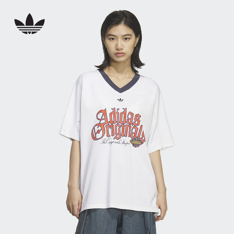 adidas阿迪达斯V领橄榄球风大号oversized半袖夏女短袖T恤 KT3062