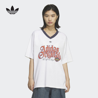 adidas阿迪达斯V领橄榄球风大号oversized半袖夏女短袖T恤 KT3062