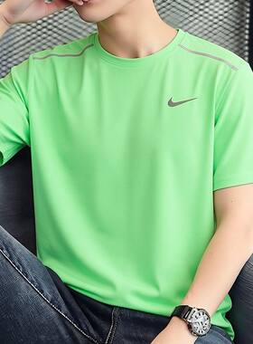 Nike耐克冰丝速干短袖浅绿色防晒T恤男士跑步上衣新款透气运动服