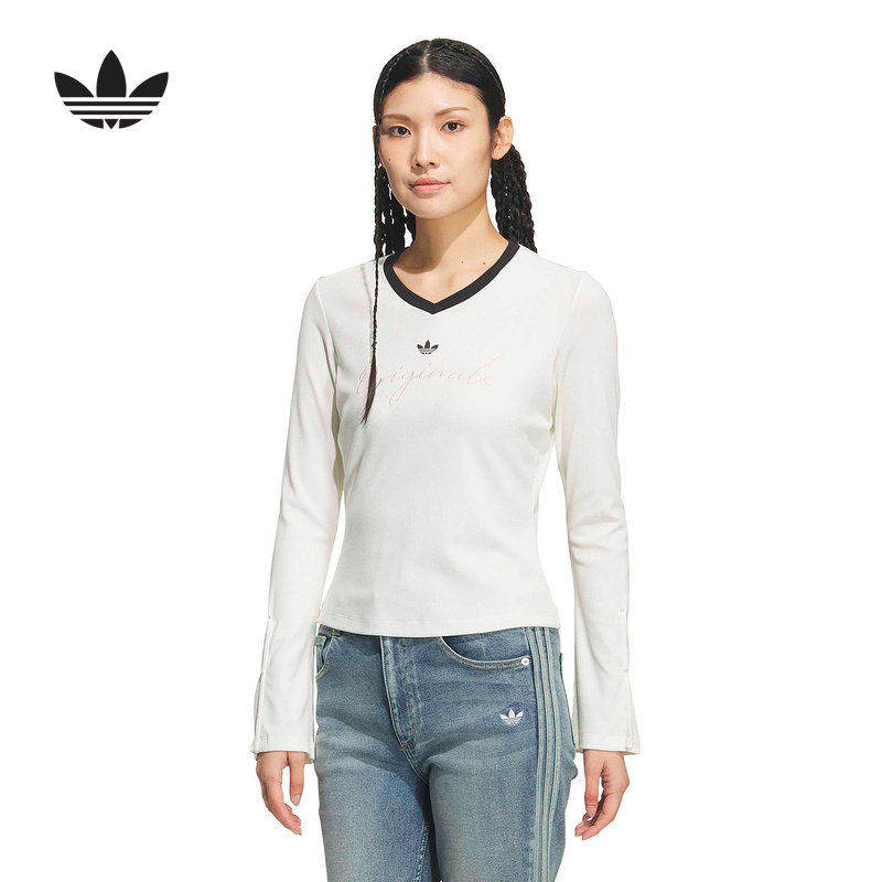 adidas阿迪达斯三叶草休闲针织V领运动上衣26春女长袖T恤 KS2381