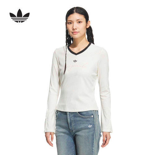 adidas阿迪达斯三叶草休闲针织V领运动上衣26春女长袖T恤 KS2381