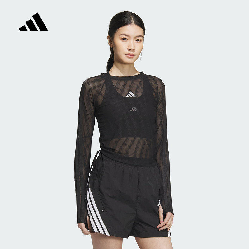 adidas阿迪达斯秋新款修身网眼印花上衣女镂空长袖T恤黑色KB7607