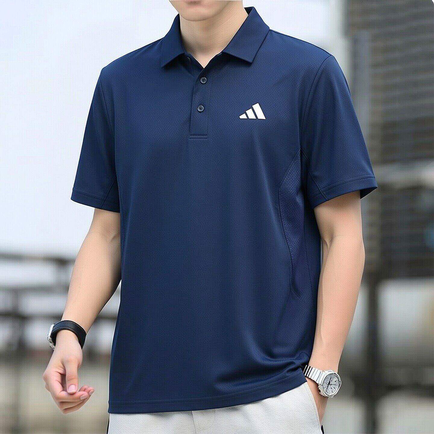 阿迪达斯男士冰丝短袖T恤男新款蓝色商务休闲百搭透气翻领polo衫