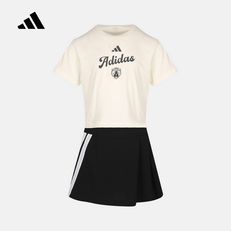 Adidas阿迪达斯女小童字母印花休闲百搭裤裙舒适短袖套装KV4498