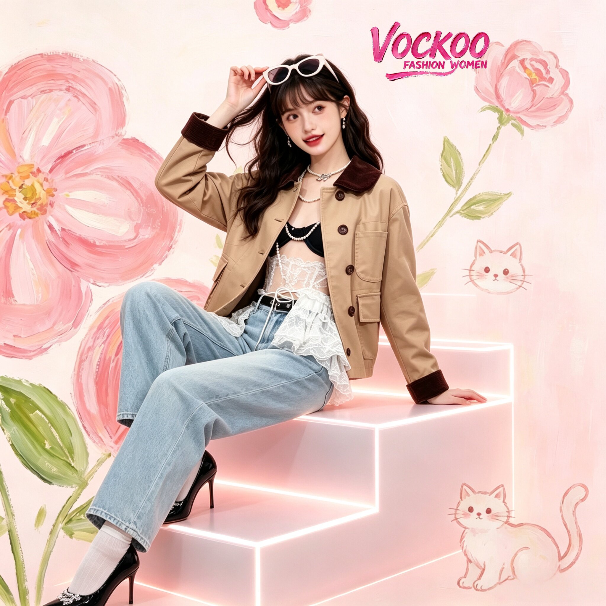 商场同款26春Vockoo百搭经典彼得潘领拼接A字风衣外套女XSJ1G01C8