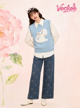 商场同款26春Vockoo时尚复古猫咪图案叠穿针织背心上衣女3K1EE41M