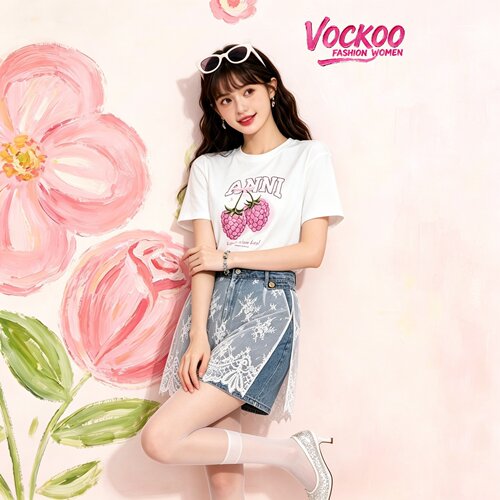 商场同款26夏Vockoo百搭时尚趣味树莓印花宽松短袖T恤上衣40151T