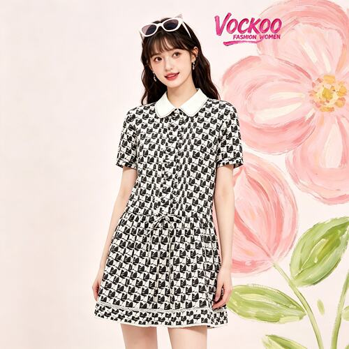 VOCKOO同款2026秋原纱时尚气质娃娃领拼接爱心花布短裙子女连衣裙