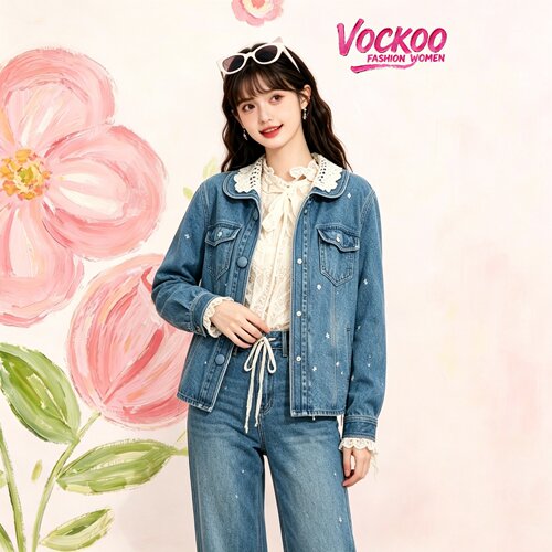 商场同款26春Vockoo时尚珠饰立体花朵刺绣工装牛仔外套C41NC095E