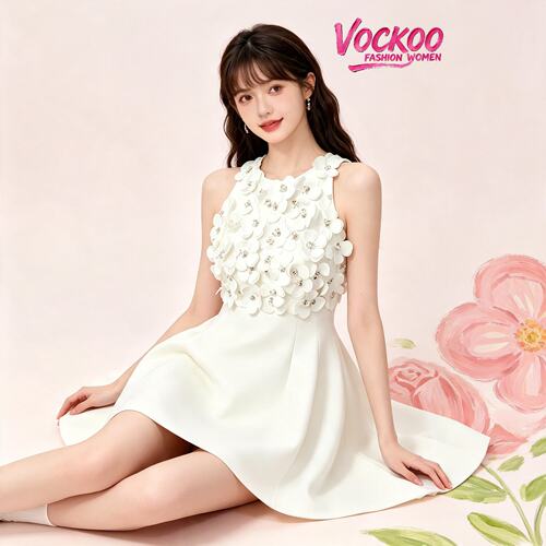 VOCKOO同款2026秋原版优雅时尚千金风公主花朵A字裙礼服连衣裙女