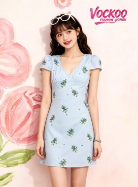 商场同款26春Vockoo百搭时尚少女风优雅花边鸡心领连衣裙DFDR03P