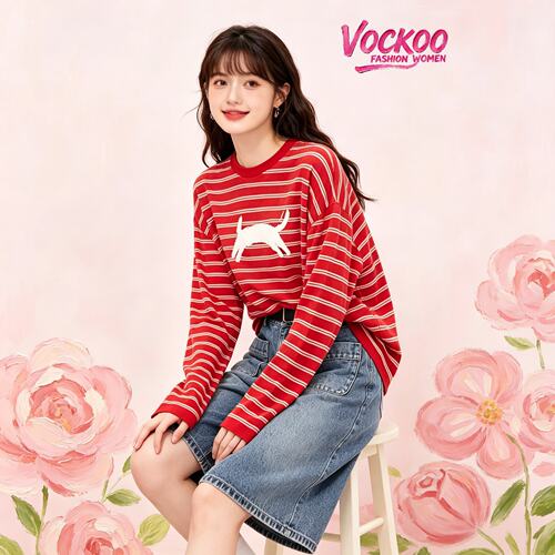 VOCKOO同款2026秋原纱气质少女百搭猫咪图案条纹宽松上衣女针织衫