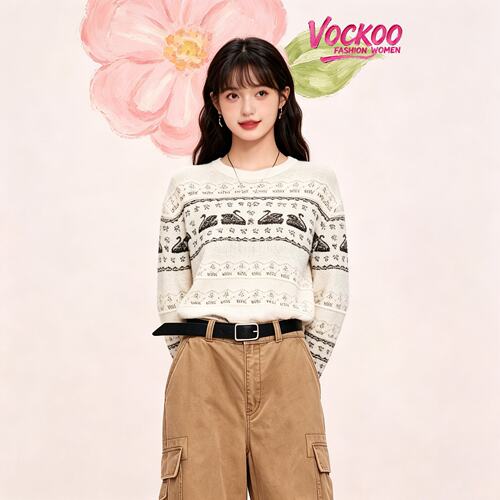 VOCKOO同款2026秋原纱百搭轻薄微透松弛针织花纹提花套衫针织衫女