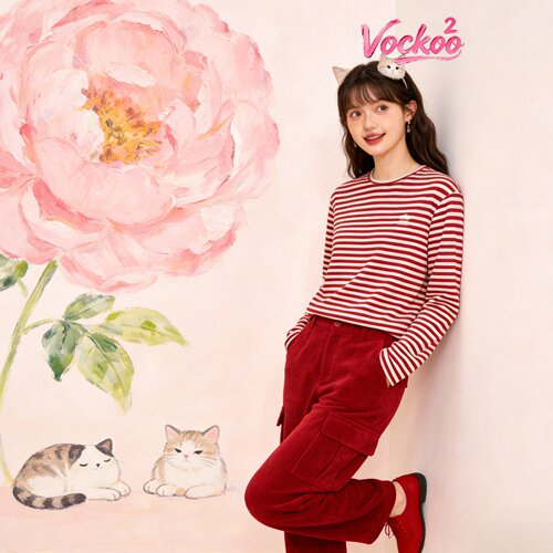 商场同款26春Vockoo百搭时尚印花条纹圆领打底长袖T恤女2K1BA20F