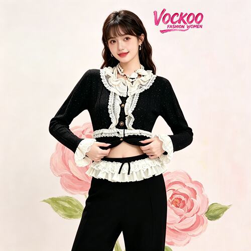 VOCKOO同款2026秋奢甜美优雅修身撞色拼接气质显瘦长袖针织衫外套