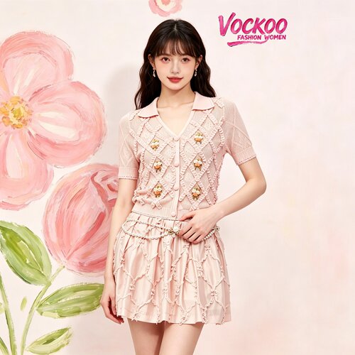 VOCKOO同款2026秋原纱千金风时尚菱形格盘花珠饰短袖针织开衫女