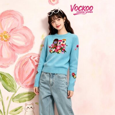 商场同款26春Vockoo百搭多巴胺提花圆领装饰针织衫上衣女65A003W