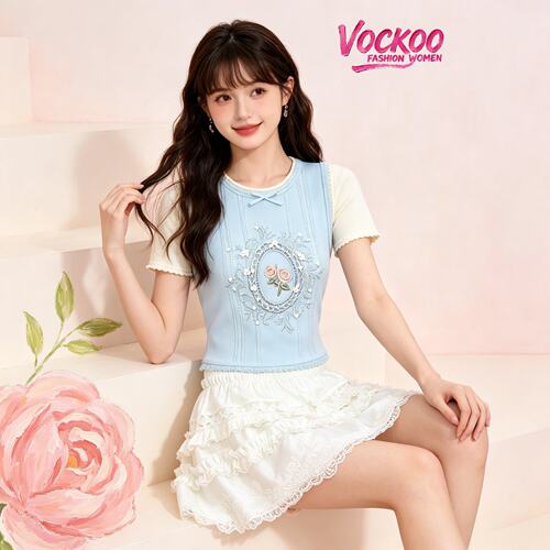 VOCKOO同款2026秋原纱优雅棉时尚撞色拼接刺绣短袖针织T恤上衣女